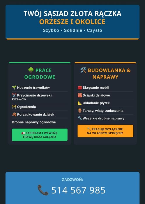 "Złota rączka" Orzesze i okolice. Usługi budowlane, skręcanie mebli, koszenie i wycinanie drzew i krzewów.