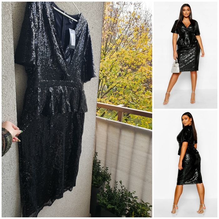 Czarna elegancka cekinowa sukienka midi z baskinką na okazje 44 46