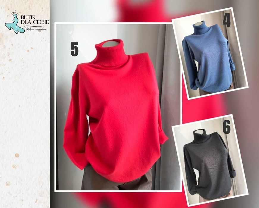 -> Sweter damski z golfem  - mix kolorów: fuksja / bordo / błękitny / czerwony / czarny – Rozmiar: L/XL