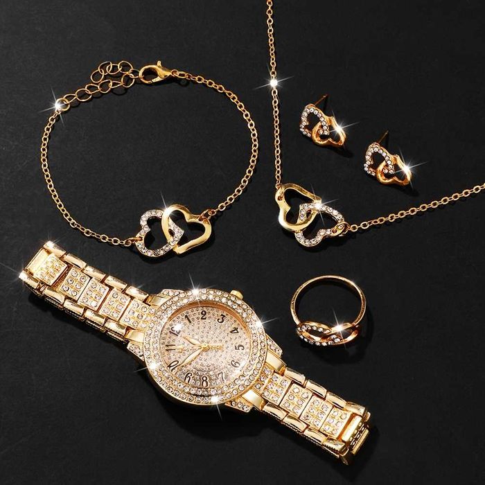 Conjunto de Bijuteria Dourada com Relógio em Strass & Corações [NOVO]