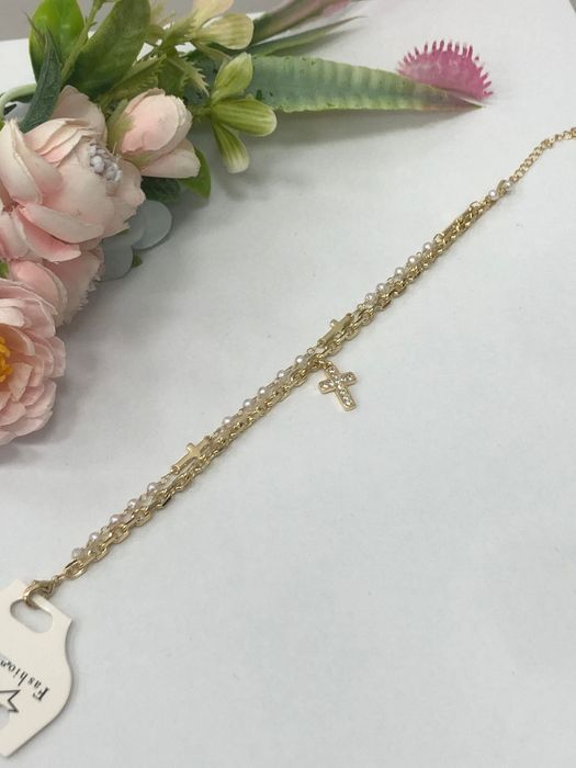 Bransoletka Gold Krzyżyk Perełki Elegancka Stal Chirurgiczna
