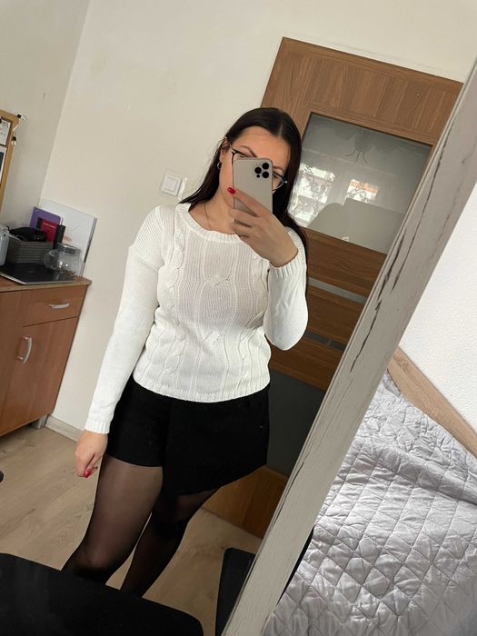 Biały pleciony sweter zima święta 50% bawełna S/M