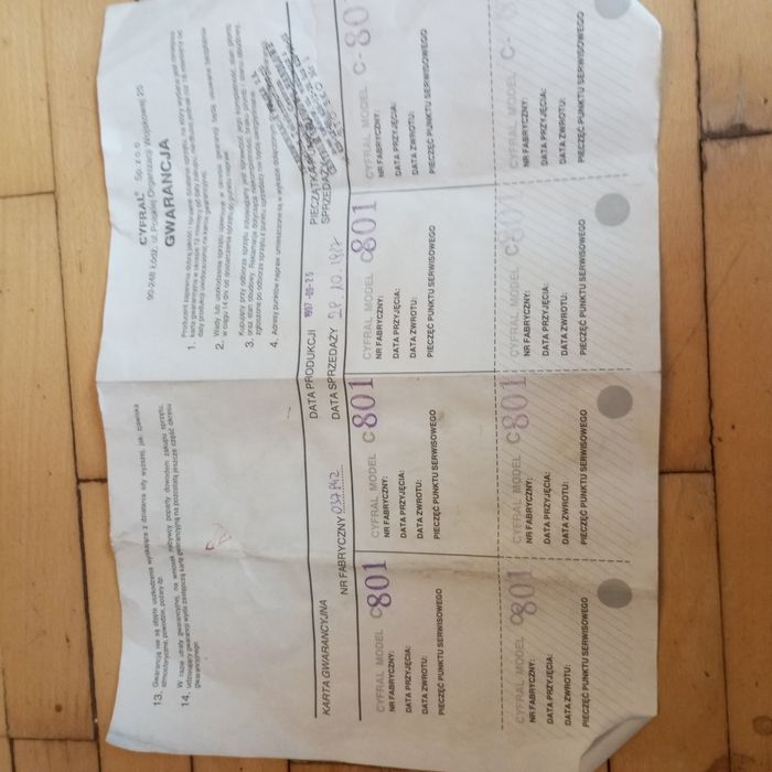 Stara karta gwarancyjna gwarancja CYFRAL  1997