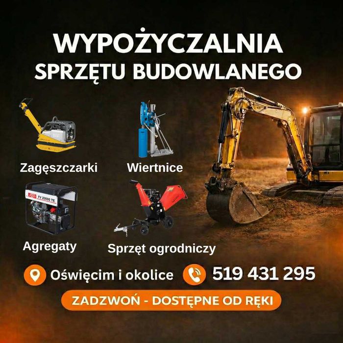 Wynajem sprzętu budowlanego Libiąż | Zagęszczarki wiertnice młoty | Dowóz
