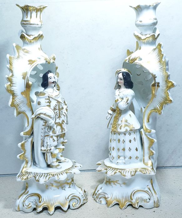 Raros lindos antigos castiçais franceses em porcelana Vieux Paris