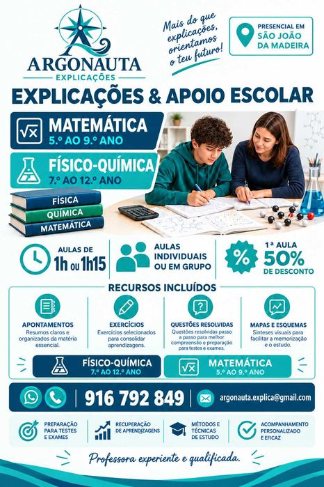 Explicações Físico-Química 7.º–12.º e Matemática 5.º–9.º