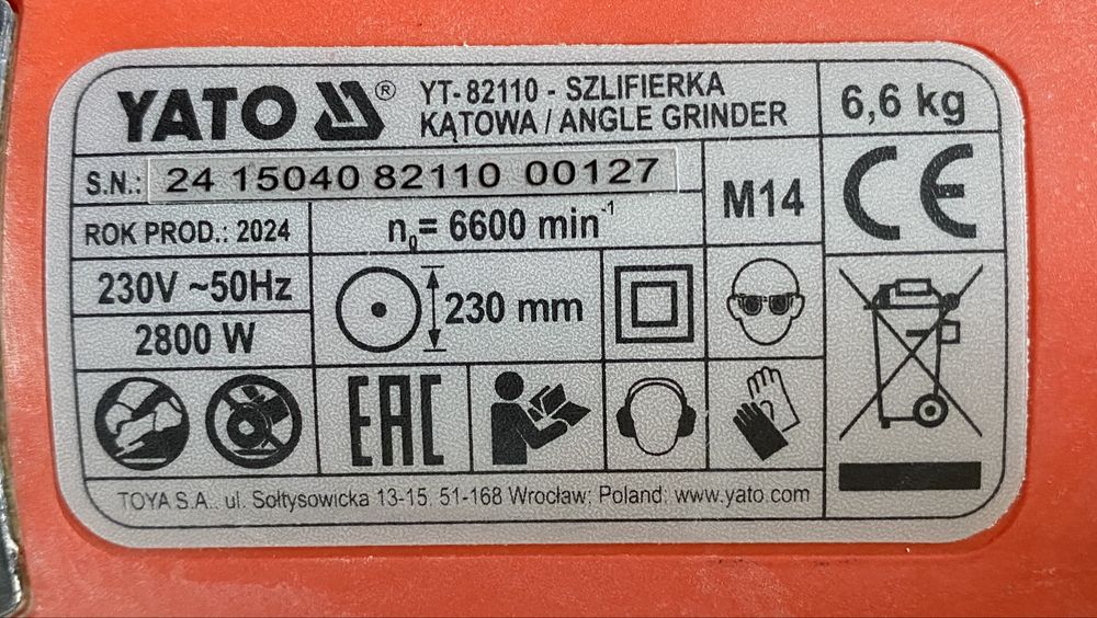 Szlifierka kątowa YATO YT-82110 230 mm 2800 W