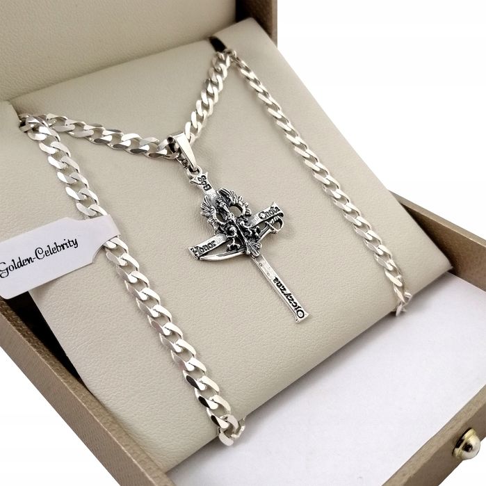 Elegancki Srebrny Łańcuszek Męski Pancerka + Krzyżyk Patriotyczny Pr.