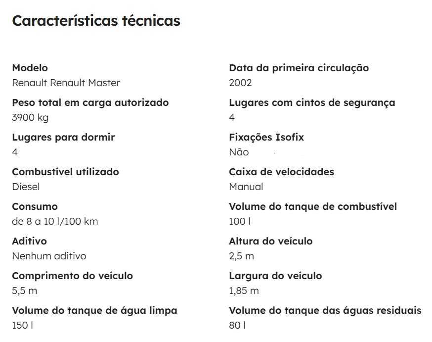 Venda Autocaravana Renault Master 4 lugares