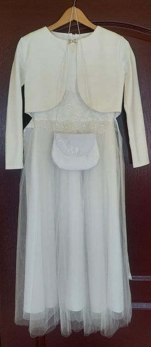 Sukienka komunijna r. 158 + bolerko + torebka + wianek + rękawiczki