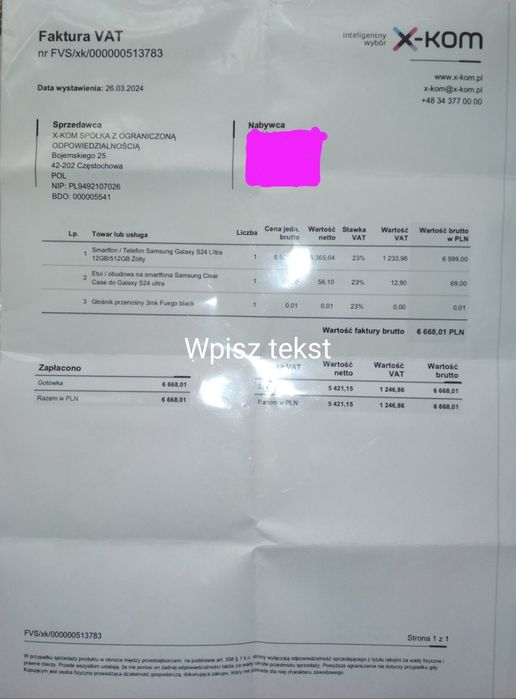 Samsung Galaxy s24 ultra 12/512 k. Yellow PL , Komputronik gw.26.03.26