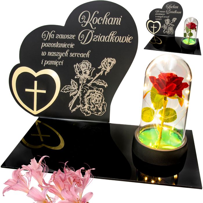 Znicz dla Dziadków dekoracja na grób grawer podstawka na cmentarz róża