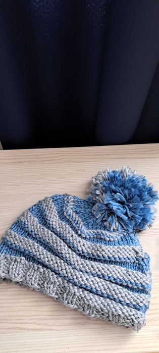 Czapka zimowa wełniana szaro-niebieska handmade