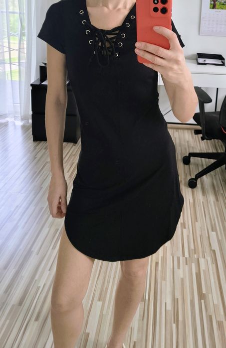 Czarna dzianinowa sukienka, asymetryczna, letnia, S, Heart &Hips