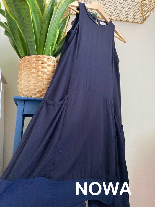 Nowa luźna granatowa sukienka z kieszeniami, jak Risk, S/M