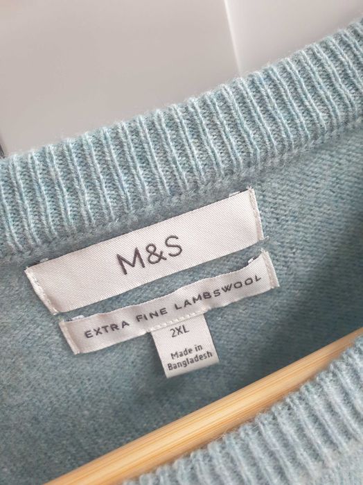 Turkusowy niebieski sweter męski 100% wełna wełniany XL 2XL M&S