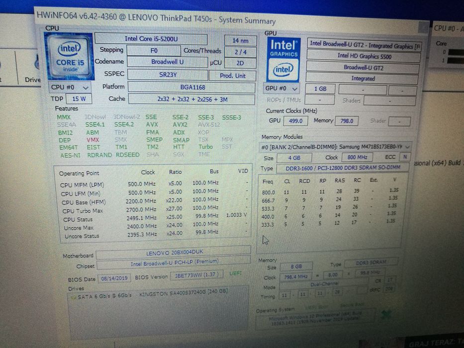 LENOVO THINKPAD T450s  i5 gen 5 8GB  250SSD WIN10 HD+ KAM  USB3