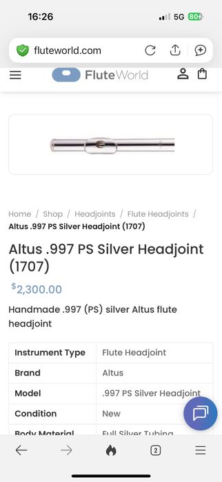 Cabeça ALTUS PS em prata (Pure Silver .997) para Flauta Transversal