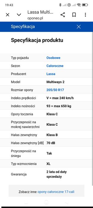 205/50/17 lassa multiways2 opony