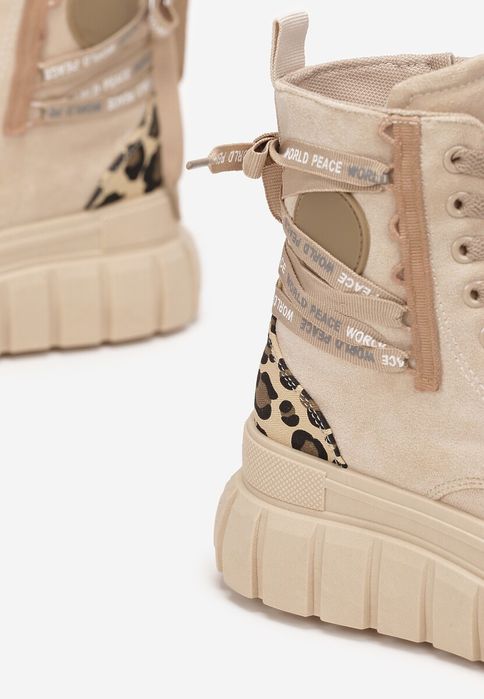 Damskie zamszowe botki na platformie beżowe panterka rozmiary