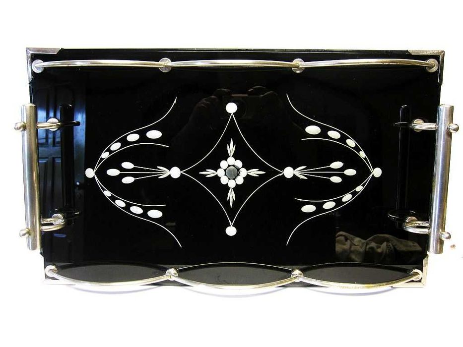 fantástico antigo tabuleiro em vidro biselado com armação cromada