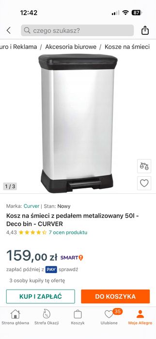 Kosz na smieci curver 50L srebrny