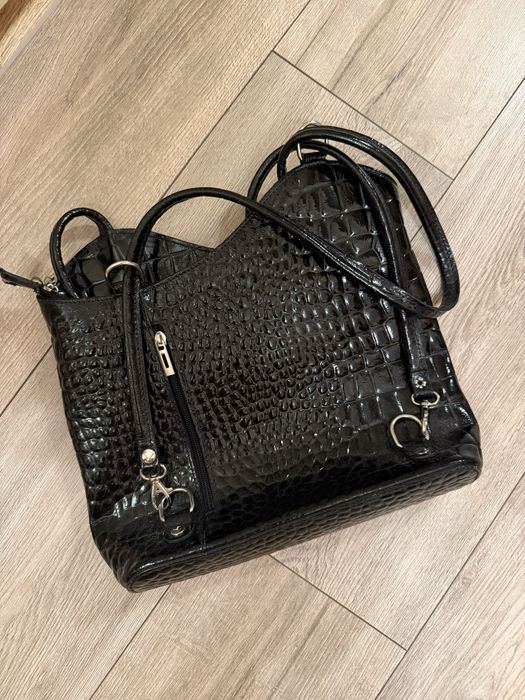 Сумка шкіряна жіноча чорна велика з лакової натуральноі шкіри