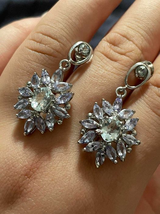 Серьги из 925 пробы с  овальным аквамарином  и танзанитом