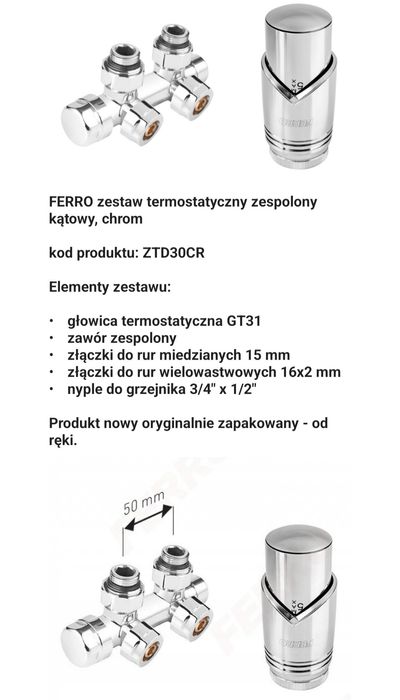 Termostat łazienkowy - FERRO zestaw termostatyczny chrom
katowy, chrom