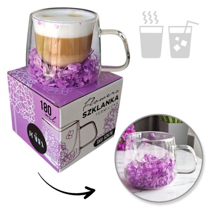 Szklanka termiczna z fioletową hortensją 180 ml do kawy herbaty