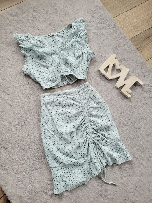 Komplet Brandenburg azurowy top I spódnica szałwia mięta