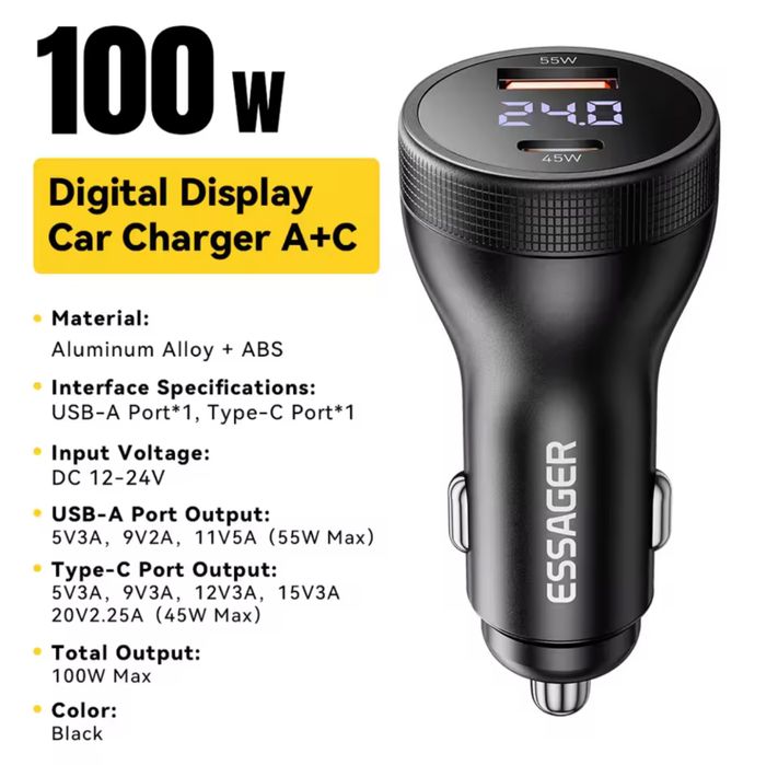 80w Швидка Автомобільна Зарядка Essager прикурювач USB+Type-C з вольиетром на 3 виходи, Toocki 33w 80w 105w 120w для телефона планшета та ноутбука
