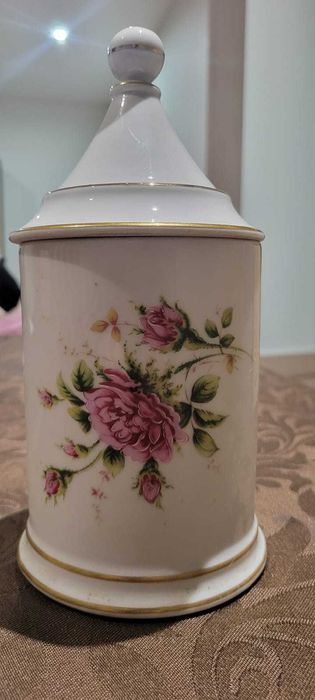 Pote/Boião Antigo em Porcelana Portuguesa - Decoração Floral e Ouro