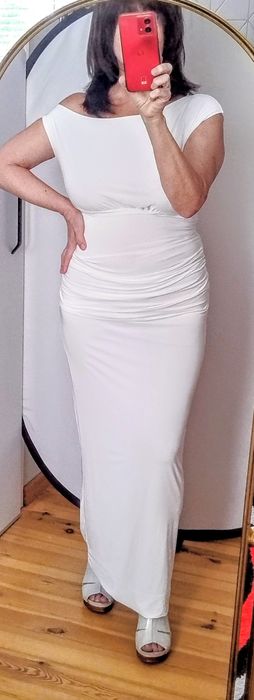 Długa biała sukienka bodycon, dwuwarstwowa modelująca