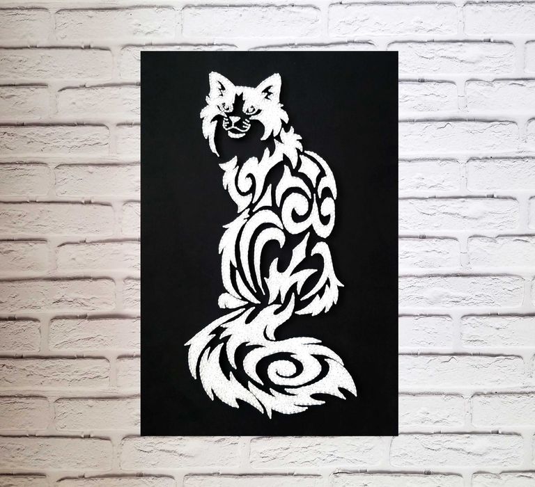 Картина Белый Кот, Стринг Арт кот, Декор в дом, Черно белое панно