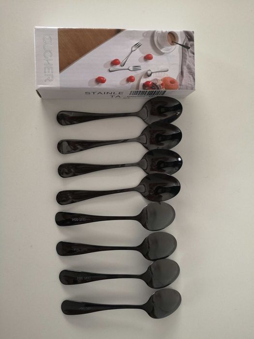 Zestaw czarnych łyżeczek do herbaty, 8 sztuk, stal szlachetna