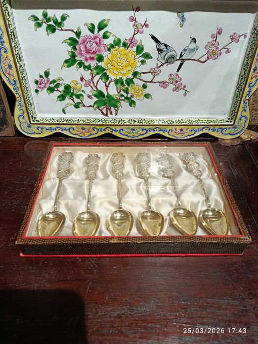 Colheres Chá Café Antigas Prata Chinesa Contrastada 12 cm