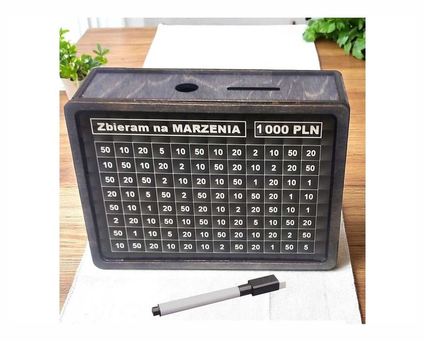 SKARBONKA DREWNIANA Wykreślanka 3 Karty 1000 zł 2000 zł 3000 zł Pisak