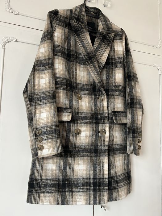 Płaszcz w krate XS/S oversize nad kolano dwurzędowy beżowy czarny
