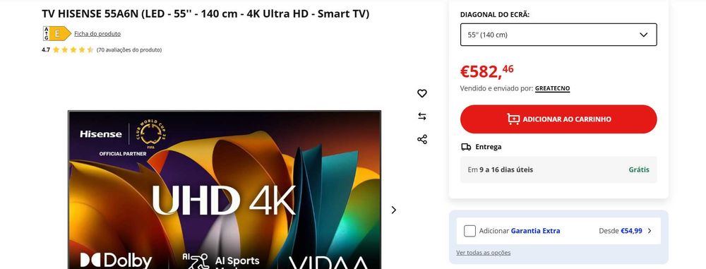 Televisão HISENSE 55A6N 4K (55"-140cm) NOVA c/ GARANTIA