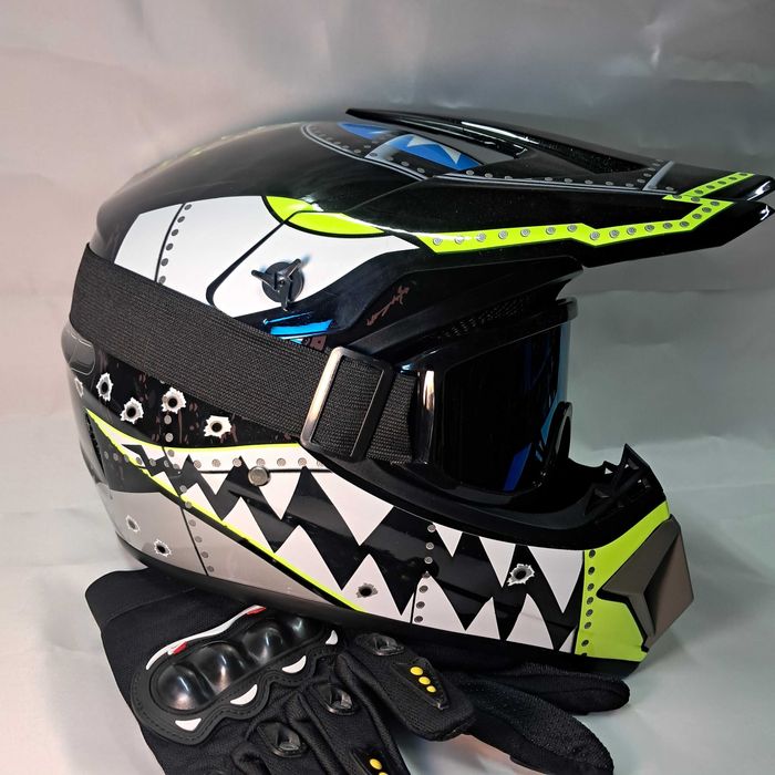 Детский мото шлем Sharck black raicer с очками и перчатками