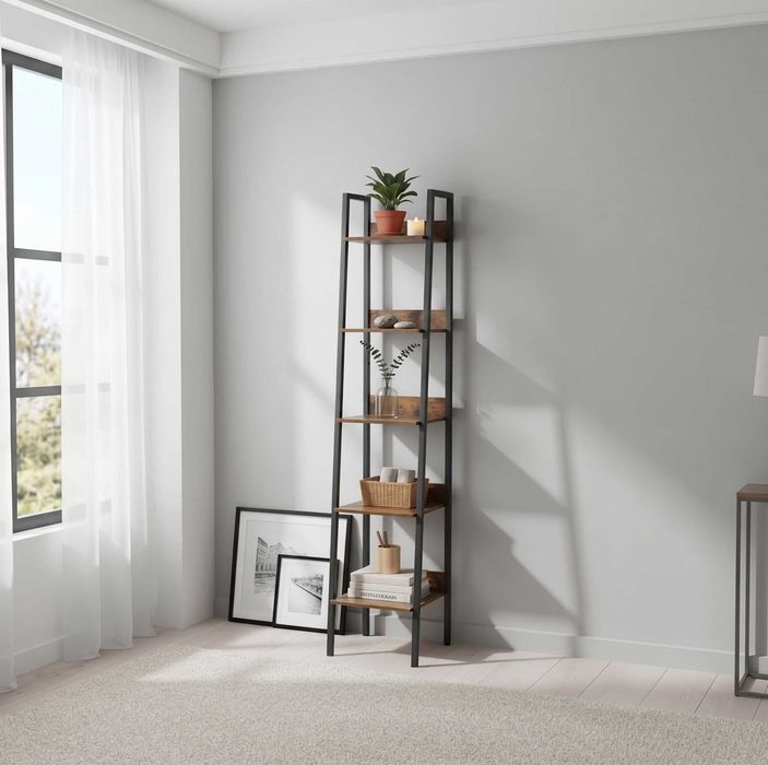 NOWY Regał Industrialny Loft 170 Cm Metalowy Drewniany Na Książki Dekoracje 5 Półek Czarny Dąb Wyposarzenie Wnętrz