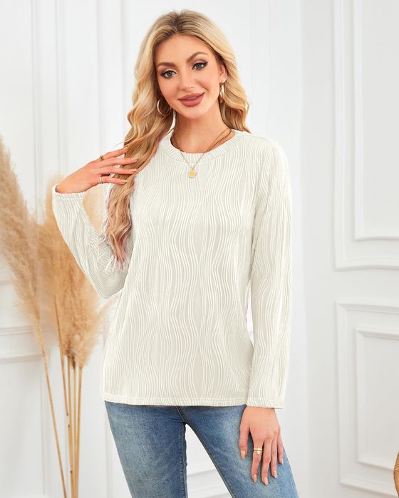 Sweter damski falowany - elastan - okrągły dekolt - biały L