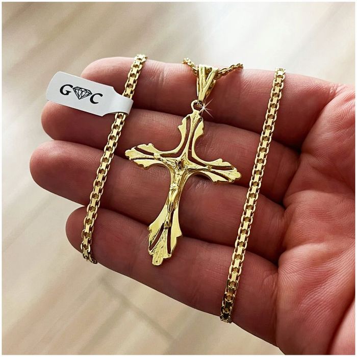 Złoty, Pozłacany Łańcuszek, Naszyjnik Męski Splot Bismark 70 cm + Krzy