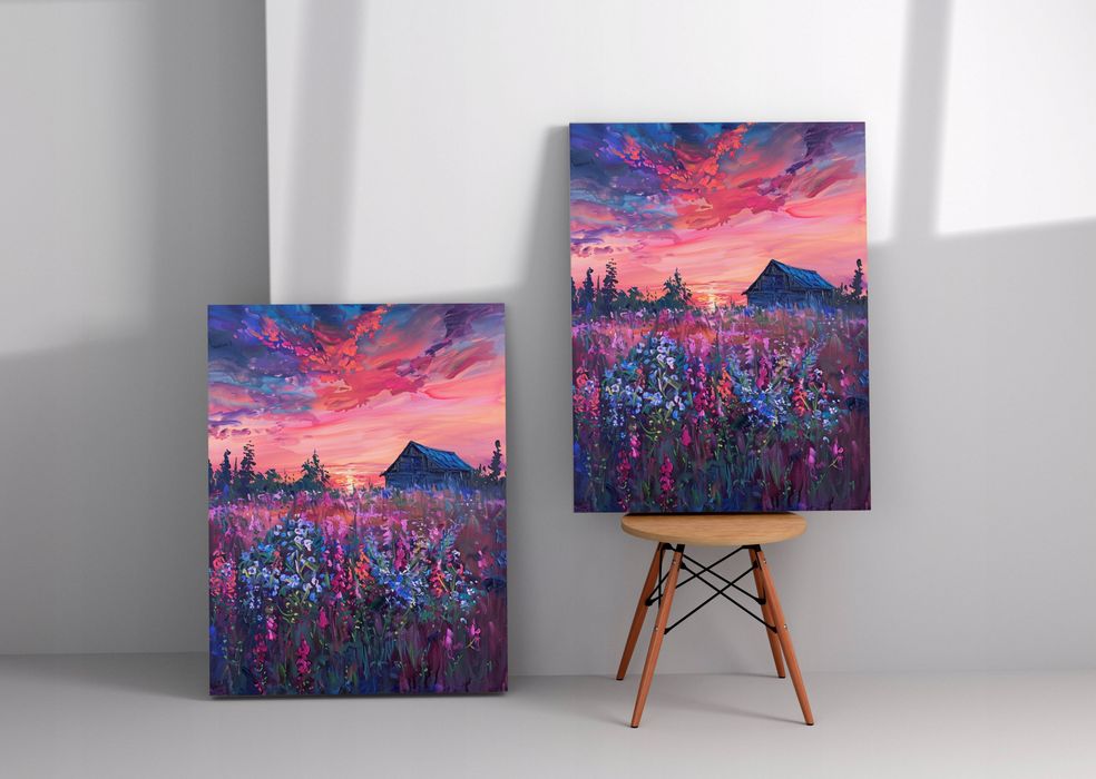 Obraz na płótnie "Zachód Słońca nad Kwiatowym Krajobrazem" 90x120 cm