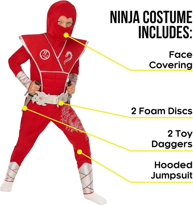 Dziecięcy Kostium Ninja Czerwony –  Zabawowy Rozmiar 4-6 Lat  6 Lat