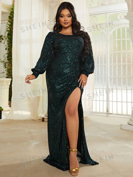 Sukienka cekinowa marszczona z odkrytymi plecami z rozcięciem maxi 2XL