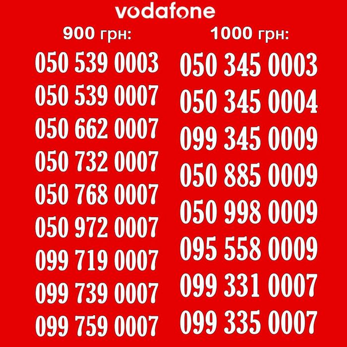 Золотий номер Vodafone 0007, 0009, 0002, 0003, 0004