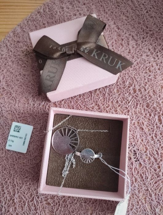 W. Kruk nowy komplet srebrny pierścionek łańcuszek zawieszka