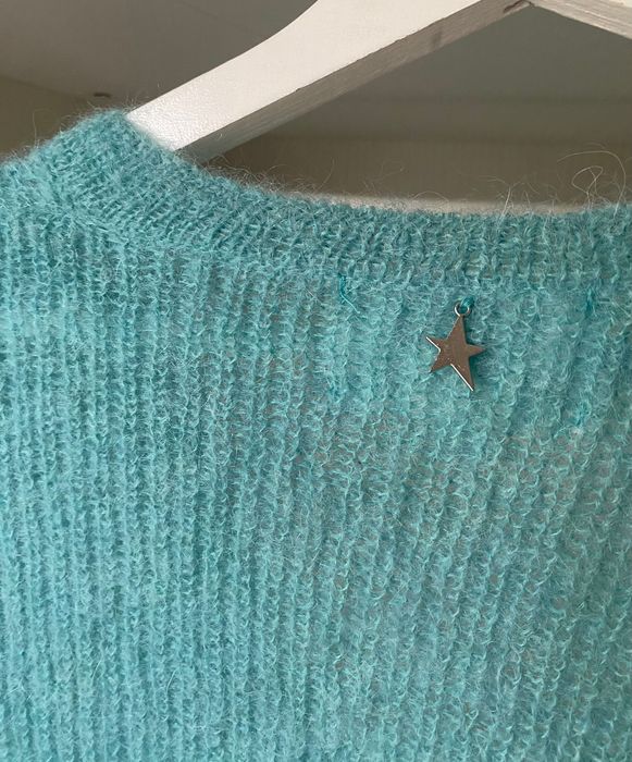 miętowy niebieski puchaty sweter z dekoltem S 36 Alpaka Moher